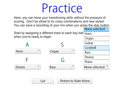 Practice Mode Instructions Screen, showing track selection menu