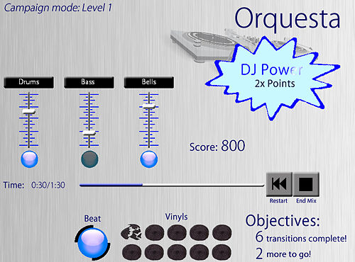 Campaign Mode Game Screen: In the game mode, if you score points by making transitions on beat (perhaps with the help of the Beat assist.  With 3 consecutive successful transitions, earn power up mode to score double the points.  Complete the objectives and score as much as you can before breaking 10 vinyls or having the time run out.