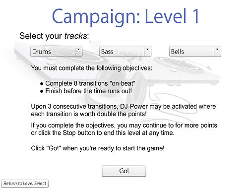 Pre-mode Instructions and Instruments: Before starting Practice and Campaign modes, choose which instruments you would like to use for your gameplay compositions