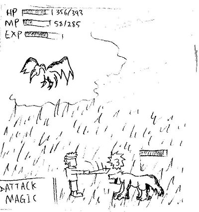 A sketch of an RPG with battles on-screen. Engage monsters as you approach them. Attack for minimal damage. Perform stronger magic attacks by solving problems.